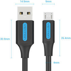 Vention USB-A 2.0/M - Micro B/M, 0, 25m, (3A, fekete), kábel