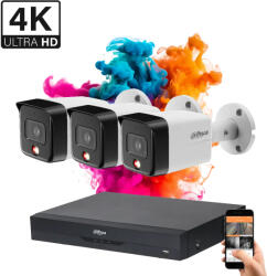 DAHUA 3 biztonsági kamerás IP kamera rendszer 8MP színes éjszakai képpel