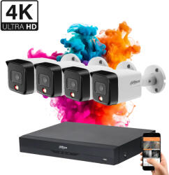 DAHUA 4 biztonsági kamerás IP kamera rendszer 8MP színes éjszakai képpel