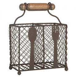Clayre & Eef Evőeszközös barna fémkosár 2 fakkos, 19x11x24cm (6Y5709)