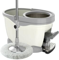 Flippy Pedálos vödör és 360°-ban forgatható felmosó készlet, KipHome, centrifugális működéssel x4, otthoni használatra, teleszkópos rozsdamentes acél fogantyú, 2 pamut fej, 46x30x28 cm, elefántcsont