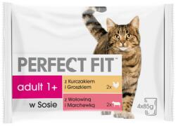 Perfect Fit Cat Adult 1+ hús tasakok 4x85 g nedves macskaeledel csirke és borsó mártással, marhahússal és sárgarépával
