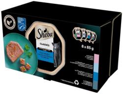 Sheba Classics Fish Flavours 8x85 g teljes értékű nedves eledel felnőtt macskáknak teriinnel lazaccal, fehér hallal és sárgarépával, tonhallal és zöldségekkel, tőkehallal