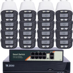 5MP H. 265 IP POE SWITCH 16db-os Bullet 2.8mm Kamerás Biztonsági Rendszer IP66 Vízálló Éjjeli látás Hangrögzítés AI észlelés XmEye Pro App Távoli hozzáférés