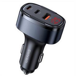 USAMS c42 autós töltő usb+2 type-c aljzat (100w, pd gyorstöltő, led kijelző) fekete (CC257) - rufusz
