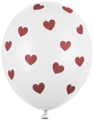 Partydeco Latex lufi 11" 30 cm, 6 db fehér lufi, piros szív mintával (LUFI120533)