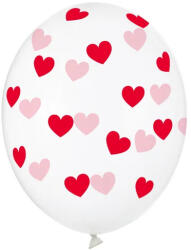 Partydeco Latex lufi 11" 30 cm, 6 db átlátszó lufi, piros szív mintával (LUFI122500)