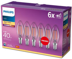 Philips 6 db LED-es gyertyakörte készlet E14 B35 4, 3W = 40W 470lm 2700K meleg izzószál PHILIPS (8718696775035)