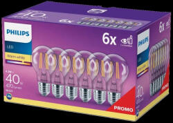 Philips 6 db LED izzó készlet E27 A60 4, 3W = 40W 470lm 2700K meleg izzószál PHILIPS (8718696774977)