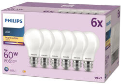 Philips 6 db LED izzó készlet E27 A60 7W = 60W 806lm 2700K meleg izzószálas tejszerű PHILIPS (8719514451032)