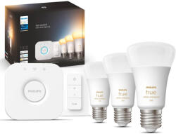 Philips 3PAK LED izzó E27 A60 8W CCT PHILIPS HUE White & Ambiance Bluetooth Zigbee + Hue Bridge + Dimmer kapcsoló (8719514291232)