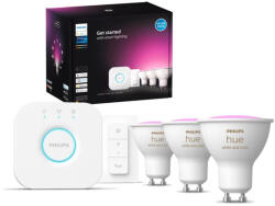Philips 3PAK LED izzó GU10 4, 2 W CCT RGB PHILIPS HUE Fehér és SZÍNES Ambiance Bluetooth Zigbee + Hue Bridge + Dimmer kapcsoló (8720169254503)