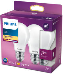 Philips 2 db LED izzó készlet E27 A60 8, 5W = 75W 1055lm 2700K melegszálas Tejszerű PHILIPS (8718699763633)