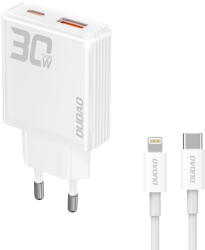 GaN Dudao A30EUL 30W USB-A / USB-C Wall Charger + USB-C - Lightning kábel, fehér