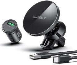 THREEKEY TK26 THREEKEY univerzális szellőzőbe helyezhető mágneses autós telefontartó + USB-A töltő adapter, MagSafe előkészítés, fekete (TK26)