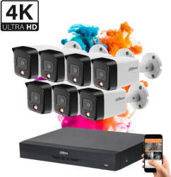 DAHUA 7 biztonsági kamerás IP kamera rendszer 8MP színes éjszakai képpel