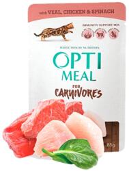 Optimeal Szuper Prémium nedves macskaeledel - Borjú, Csirke és Spenót szószban (85g)