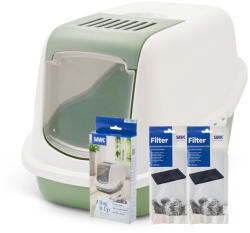 SAVIC Savic Nestor macska WC - Kezdő szett: WC növényzöld/fehér + 2 szűrő + 12 db Bag it up alomalátét
