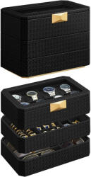 Songmics Óratartó doboz 8 órához, 3 szintes, dombornyomott műbőr, tintafekete felület, tintafekete (JWB021B01)