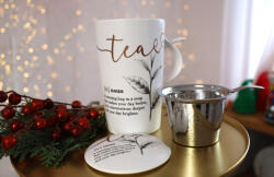 Herb Tea porcelán szűrős bögre leveles és idézetes grafikával- FEHÉR-ARANY (herbteamug)