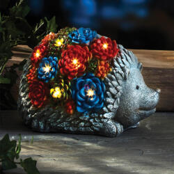 Deconline Garden Kerti figura szolár sündisznó lámpa, kőhatású, színes pozsgás növényekkel 23 cm (956943)