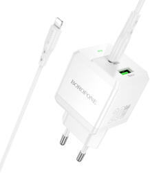 BOROFONE fali töltő BN19 Intenso GaN - USB + Type C - PD 20W QC 3.0 3A Type C - Lightning kábel, fehér