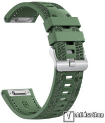  Okosóra szíj, Szilikon, Szövet borítás, 22mm széles, 124mm+86mm hosszú, Gyorskioldós, Állítható, Varrás minta, Zöld, Garmin Forerunner 265, Venu 3 45mm, Xiaomi Watch S1 Pro, Amazfit GTR 4 46mm, Huawei