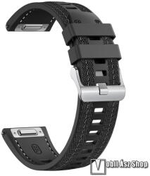 Okosóra szíj, Szilikon, Szövet borítás, 22mm széles, 124mm+86mm hosszú, Gyorskioldós, Állítható, Varrás minta, Fekete, Garmin Forerunner 265, Venu 3 45mm, Xiaomi Watch S1 Pro, Amazfit GTR 4 46mm, Huaw
