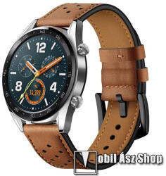  Okosóra rally szíj - BARNA - valódi bőr, légáteresztő - 125mm + 85mm hosszú, 22mm széles - HUAWEI Watch GT / HUAWEI Watch Magic / Watch GT 2 46mm