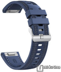 Okosóra szíj, Szilikon, Szövet borítás, 22mm széles, 124mm+86mm hosszú, Gyorskioldós, Állítható, Varrás minta, Sötétkék, Garmin Forerunner 265, Venu 3 45mm, Xiaomi Watch S1 Pro, Amazfit GTR 4 46mm, Hu