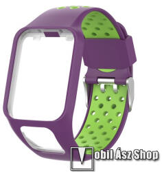 Okosóra szíj - légáteresztő, sportoláshoz, szilikon, 125mm + 92mm hosszú, 24mm széles - LILA / ZÖLD - TomTom Multi-sport Runner 2 / TomTom Multi-sport Runner 3