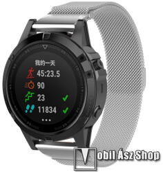 Okosóra milánói szíj - EZÜST - rozsdamentes acél, fém háló kialakítás, mágneses, 268mm hosszú, 22mm széles, QUICKFIT - Garmin Fenix 5 / Forerunner 935 / Quatix 5 / Quatix 5 Sapphire / Approach S60 / G