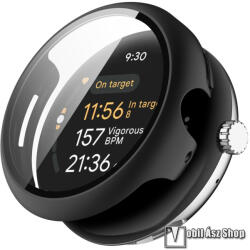 Google Pixel Watch 3 45mm, Okosóra műanyag védőtok, Keret, 9H edzett üvegfólia, Fekete