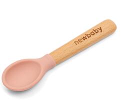 NEW BABY Linguriță din silicon cu mâner din lemn New Baby roz Set pentru masa bebelusi