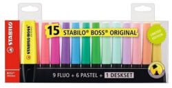 STABILO Szövegkiemelő készlet 2-5mm, vágott hegyű STABILO Boss original, 15 klf. szín - vegyesbolt