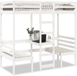 vidaXL fehér fenyő galériaágy-keret asztallal és székekkel 90 x 175 cm (3308563)