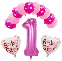Flippy Set 13 baloane Prima Aniversare, 10 baloane latex, 2 baloane inima folie, cifra 1, Roz (teo-129900)