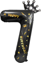 Flippy Balon din Folie Metalizata Flippy, Figurina Cifra si Coroana, Scris Happy Birthday, Tema Aniversare 100 cm, Ambalaj Individual, Pai inclus, Umflare cu Aer sau Heliu, Negru, Cifra 7 (teo-129264)