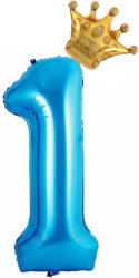 Flippy Balon din Folie Metalizata Flippy, Figurina Cifra si Coroana, Tema Aniversare 100 cm, Ambalaj Individual, Pai inclus, Umflare cu Aer sau Heliu, Albastru, Cifra 1 (teo-129248)