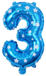 Flippy Balon din Folie Metalizata Flippy, Figurina Cifra, Imprimeu Stele, Tema Aniversare 80 cm, Ambalaj Individual, Pai inclus, Umflare cu Aer sau Heliu, Albastru, Cifra 3 (teo-127180)
