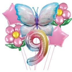 Flippy Set baloane aniversare cu numere 6 piese, 2 flori, 2 stelute, 1 fluture, Roz, Cifra 9 (teo-129918)