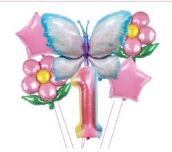 Flippy Set baloane aniversare cu numere 6 piese, 2 flori, 2 stelute, 1 fluture, Roz, Cifra 1 (teo-129910)