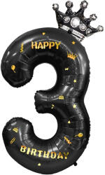 Flippy Balon din Folie Metalizata Flippy, Figurina Cifra si Coroana, Scris Happy Birthday, Tema Aniversare 100 cm, Ambalaj Individual, Pai inclus, Umflare cu Aer sau Heliu, Negru, Cifra 3 (teo-129260)