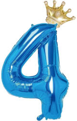 Flippy Balon din Folie Metalizata Flippy, Figurina Cifra si Coroana, Tema Aniversare 100 cm, Ambalaj Individual, Pai inclus, Umflare cu Aer sau Heliu, Albastru, Cifra 4 (teo-129251)