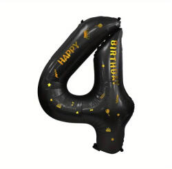 Flippy Balon din Folie Metalizata Flippy, Figurina Cifra, Scris Happy Birthday, Tema Aniversare 100 cm, Ambalaj Individual, Pai inclus, Umflare cu Aer sau Heliu, Negru, Cifra 4 (teo-129271)