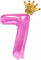 Flippy Balon din Folie Metalizata Flippy, Figurina Cifra si Coroana, Tema Aniversare 100 cm, Ambalaj Individual, Pai inclus, Umflare cu Aer sau Heliu, Roz, Cifra 7 (teo-129244)