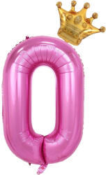 Flippy Balon din Folie Metalizata Flippy, Figurina Cifra si Coroana, Tema Aniversare 100 cm, Ambalaj Individual, Pai inclus, Umflare cu Aer sau Heliu, Roz, Cifra 0 (teo-129237)