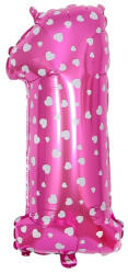 Flippy Balon din Folie Metalizata Flippy, Figurina Cifra, Imprimeu Inimi, Tema Aniversare 80 cm, Ambalaj Individual, Pai inclus, Umflare cu Aer sau Heliu, Roz, Cifra 1 (teo-127166)