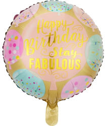 Flippy Balon din Folie Metalizata, Flippy, Mini Figurina Rotunda, Model Happy Birthday Stay Fabulous, Tematica Aniversare, 45 cm, Ambalaj Individual, Pai Inclus, Umflare cu Aer sau Heliu, Multicolor (teo-127