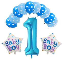 Flippy Set 13 baloane Prima Aniversare, 10 baloane latex, 2 baloane stea folie, cifra 1, Albastru (teo-129899)
